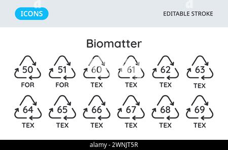 Biomatter recycling codes icons. Triangular environmental symbols of materials. Set of elements on a white background. Editable stroke. Stock Vector