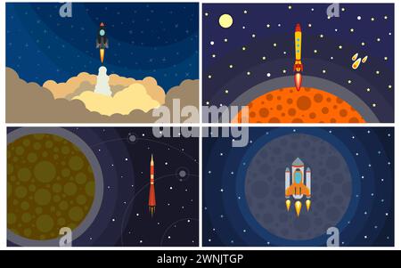 Set of four vector illustration with flying rocket. Space travel. Stock Vector