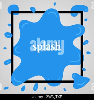 Big blue splash with lots of small splashes in black frame and inscription splash. Vector illustration Stock Vector