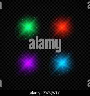 Light effect of lens flares. Set of four green, red, purple and blue glowing lights starburst effects with sparkles on a dark transparent background. Stock Vector