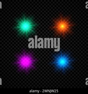 Light effect of lens flares. Set of four green, orange, purple and blue glowing lights starburst effects with sparkles on a dark transparent backgroun Stock Vector