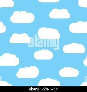 Seamless background with blue sky and white cartoon clouds. Vector illustration. Stock Vector