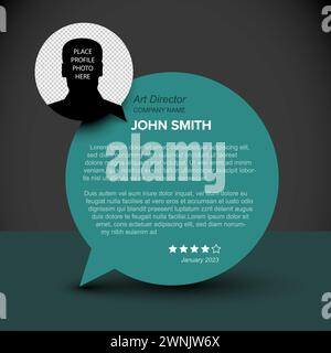 Simple dark and teal minimalistic client user customer testimonial review card layout template with photo placeholder and sample, message in teal circ Stock Vector
