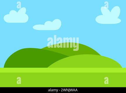 Natural cartoon landscape in the flat style with green hills, blue sky  and clouds at sunny day. Vector illustration Stock Vector