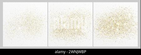 Set of three gold glitter confetti backdrops isolated on white transparent backgrounds. Celebratory texture with shining light effect. Vector illustra Stock Vector