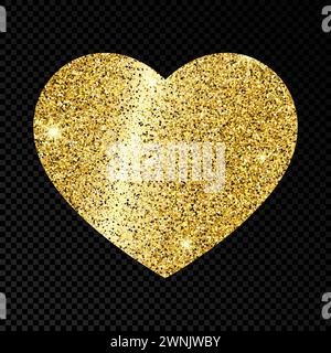 Gold glittering heart on dark transparent background. Background with gold sparkles and glitter effect. Vector illustration Stock Vector