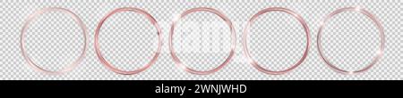 Set of five double rose gold shiny round frames with glowing effects and shadows on transparent background. Vector illustration Stock Vector