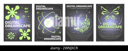 Retro futuristic flashback flyers set. Vector realistic illustration of retrowave posters with elegant boho decoration, green butterfly glowing on bla Stock Vector
