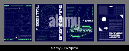 Retro futuristic vibe flyer templates set. Vector illustration of y2k aesthetic posters, retrowave style banners with geometric shapes, wireframe pers Stock Vector