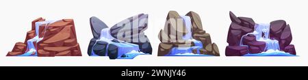 Cascade waterfall with jungle river flow and fall from high rocky cliffs. Cartoon vector illustration set of water in stream flood down from stones. T Stock Vector