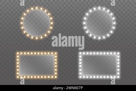 Makeup mirror set. Round and rectangle mirrors with lights. Illuminated glass collection. Frames with bright lamps for poster or advertising. Backstag Stock Vector
