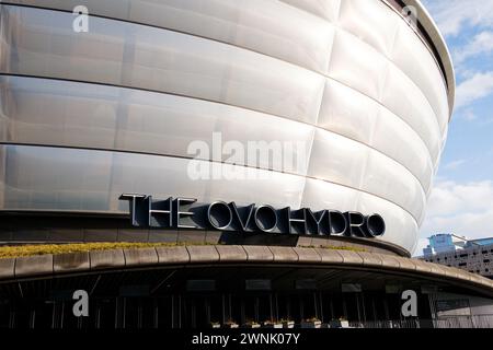 Glasgow Scotland: 13th Feb 2024: exterior of The Hydro Arena in Glasgow aka The OVO Hydro. Entrance sign close up Stock Photo