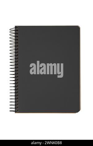 Closed spiral bound notepad with black cover isolated on white background. Top view, copy space for text, template, mockup. Stock Photo