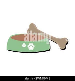 Dog Bowl With Bone Flat style icon vector illustration, black silhouette pet bowl with bone. Bowl for cat or dog for kibbles and water. Stock Vector