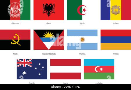 All national global flags starting with the letter "A". Round flags, circular design. High quality vector flags isolated on white background. Stock Vector