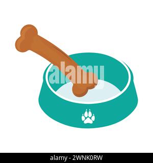 Dog Bowl With Bone Flat style icon vector illustration, black silhouette pet bowl with bone. Bowl for cat or dog for kibbles and water. Stock Vector