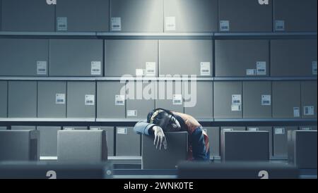Exhausted female warehouse worker sleeping at work, work burnout concept Stock Photo