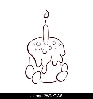 Happy Easter cake with candle and eggs in line art style. Sweet pastries with glaze hand drawn, sketch. Vector illustration isolated on a white Stock Vector