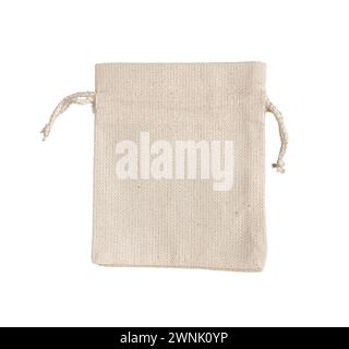 Empty textile bag mockup. Natural eco fabric linen sack. Cotton canvas pack isolated on white. Stock Photo
