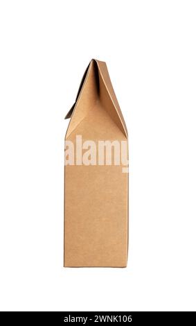Kraft brown carton product package. Cardboard paper pack, side view, isolated on white background. Stock Photo