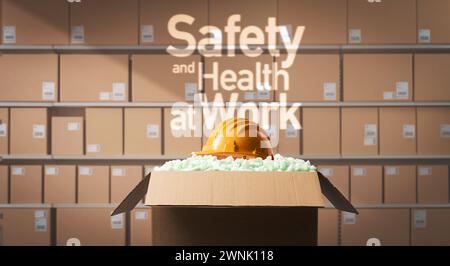 Safety and health at work: protective safety helmet in a delivery box filled with packing chips Stock Photo