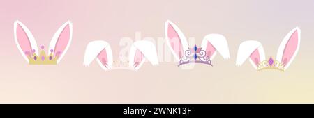 Bunny face elements set cartoon flat design ears vector illustration isolated. Rabbit mask filter with golden crown. Stock Vector