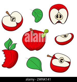 Set of red and green apples with smiling worms. Vector illustration in cartoon style isolated on a white background. Stock Vector