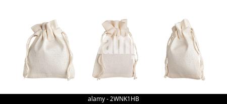 Textile bags set, eco pack mockup. Natural fabric linen sack isolated on white. Stock Photo