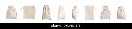 Textile bags set, pack mock up. Natural organic cotton sack isolated on white. Stock Photo