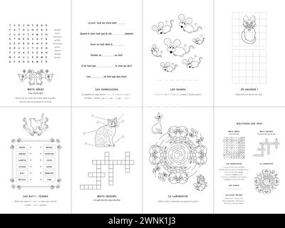 Set of seven games. Cats Theme. French language. Vector illustration. Set No. 1. Stock Vector