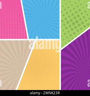 Colorful comic book page background in pop art style. Empty template with rays and dots pattern. Vector illustration Stock Vector