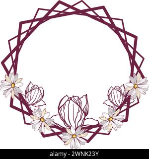 Floral geometric holiday frame with magnolias and daisy flowers vector illustration Stock Vector
