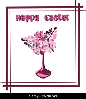 Happy Easter greeting card with vase of flowers in frame. Vector illustration Stock Vector