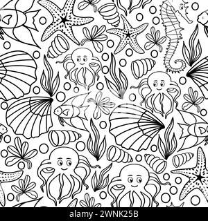 Seamless doodle pattern with sea creatures , seashells and starfish. Vector illustration Stock Vector