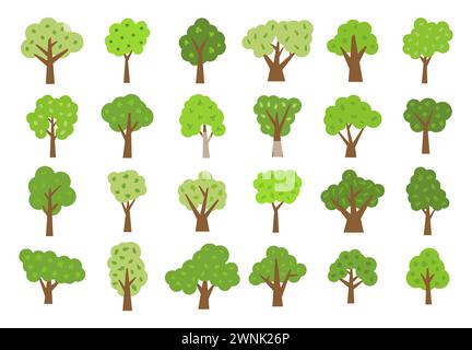 Set of twenty four green trees with leaves. Vector illustration Stock Vector