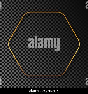 Gold glowing rounded hexagon frame with shadow isolated on dark transparent background. Shiny frame with glowing effects. Vector illustration. Stock Vector