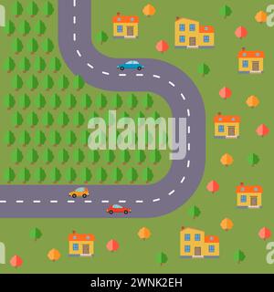 Plan of village. Landscape with the road, forest, cars and houses.  Vector illustration Stock Vector