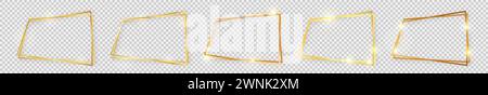 Set of five double gold shiny rectangular frames with glowing effects and shadows on transparent background. Vector illustration Stock Vector