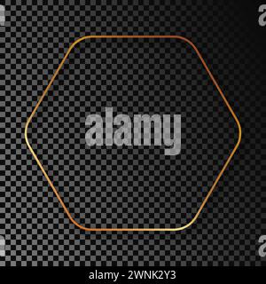 Gold glowing rounded hexagon frame with shadow isolated on dark transparent background. Shiny frame with glowing effects. Vector illustration. Stock Vector
