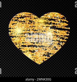 Heart with golden glittering scribble paint on dark transparent background. Background with gold sparkles and glitter effect. Empty space for your tex Stock Vector