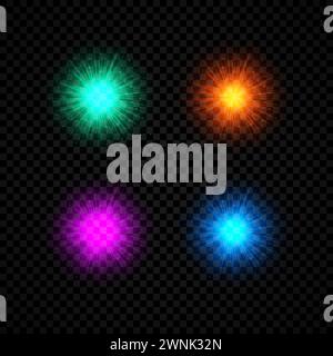 Light effect of lens flares. Set of four green, orange, purple and blue glowing lights starburst effects with sparkles on a dark transparent backgroun Stock Vector
