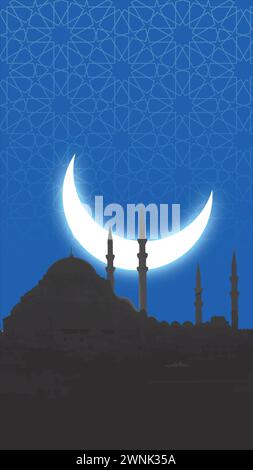 Islamic vertical concept vector. Silhouette of a mosque and crescent moon with islamic pattern. Ramadan or laylat al-qadr or kadir gecesi concept. Stock Vector