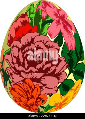 Realistic 3D egg decorated with spring flowers motif drawing for Easter greeting card Stock Vector