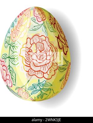 Realistic 3D egg decorated with roses motif drawing in outline and watercolor style for Easter greeting card Stock Vector