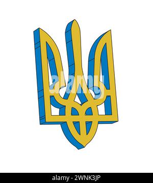 The Coat of Arms trident icon of Ukraine in blue and yellow and 3D Stock Vector