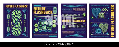 Modern y2k style poster design with acid psychedelic strange shape grid heart and circle, geometric elements and ornament. 2000s aesthetic banner temp Stock Vector