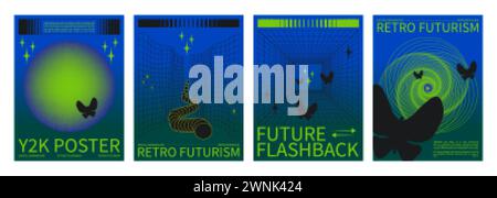 Set of y2k aesthetic techno banners. Vector realistic illustration of retrowave style blue and green gradient posters with butterfly icons, wireframe Stock Vector