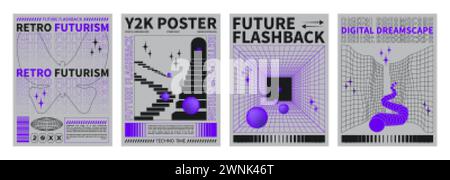 Poster design template in trendy y2k style with grid perspective pattern and objects. Vector set of retro futuristic 2000s streetwear techno banners w Stock Vector