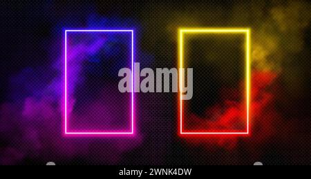Rectangle neon luminous gradient frame with smoke clouds. realistic vector set of magic fantasy glowing game portal door with bright light border and Stock Vector