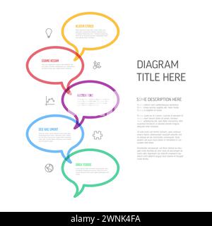 Vector process progress template diagram schema with five steps icons and descriptions. color thick line speech bubbles on light background in down di Stock Vector
